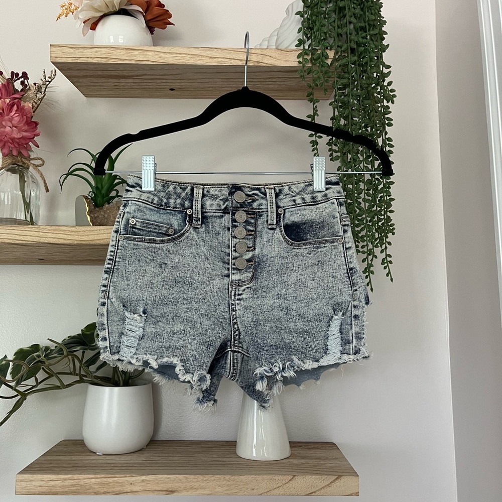 Size 0 High-waisted distressed denim shorts with 5 button fly